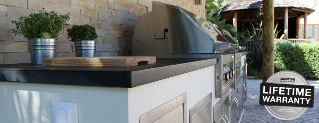 Sunstone stainless steel outdoor kitchen with built-in grill