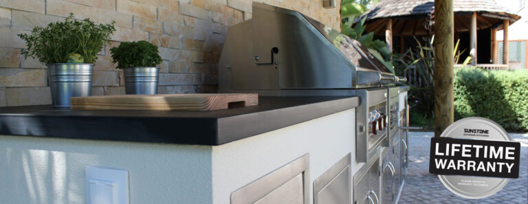 Sunstone stainless steel outdoor kitchen with built-in grill