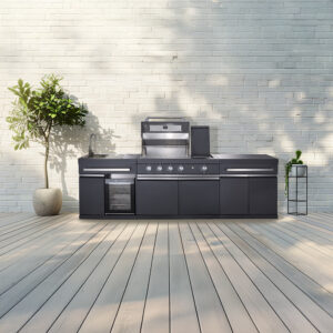 Buschbeck Kingrange outdoor kitchen with grill, sink and refrigerator
